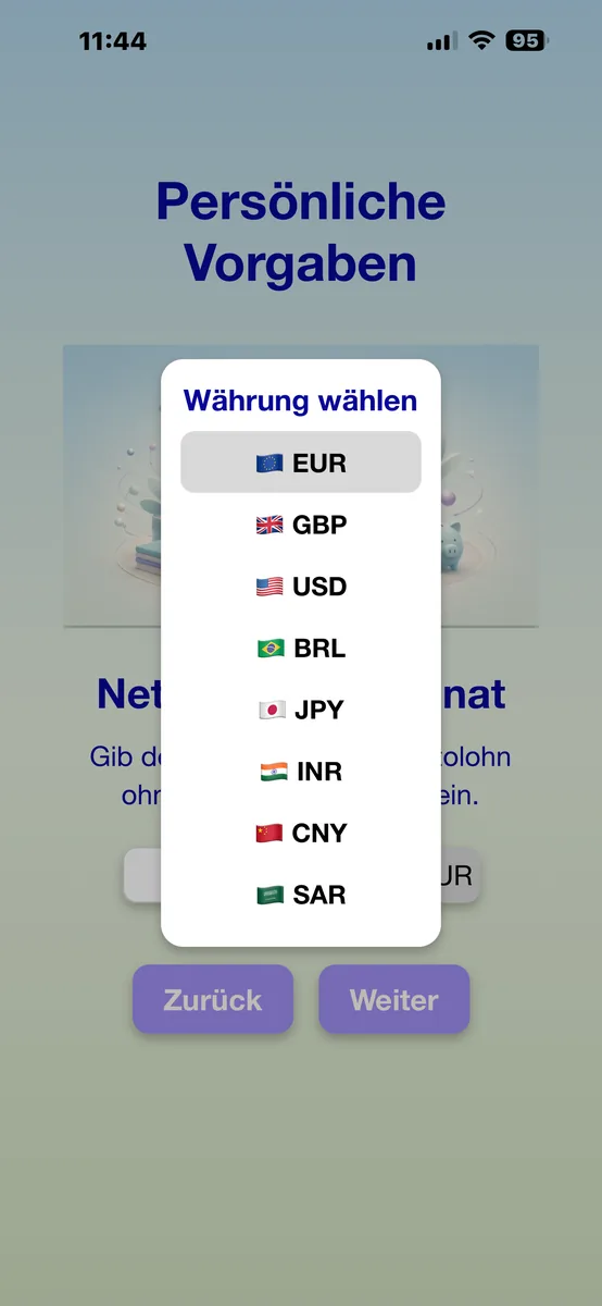 Nettolohn und Währungsauswahl
