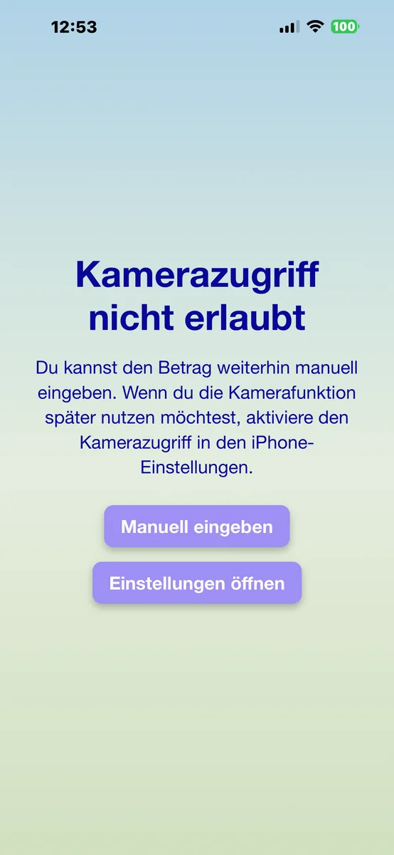 PayByTime Hinweis nach abgelehntem Kamerazugriff