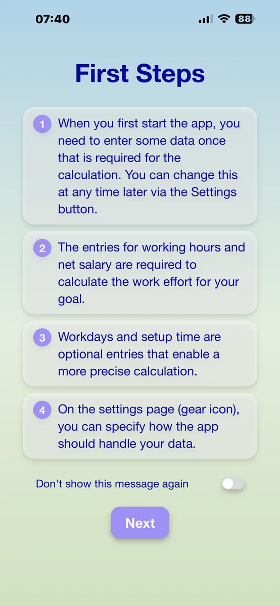 PayByTime first steps screen