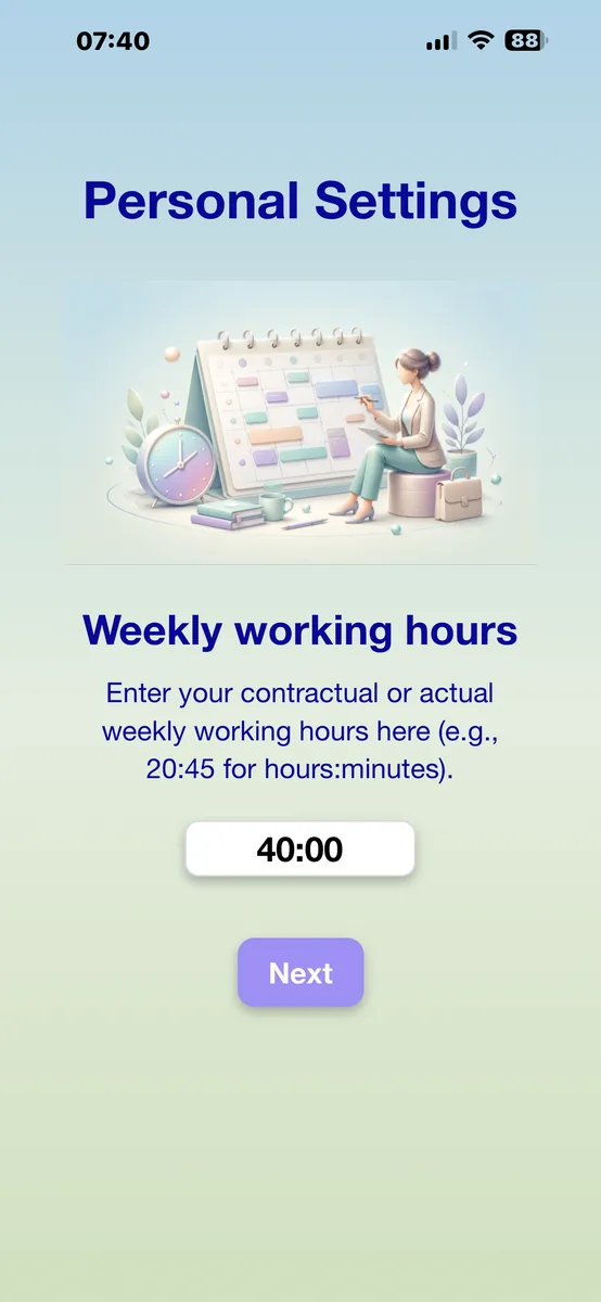 Enter working time per week