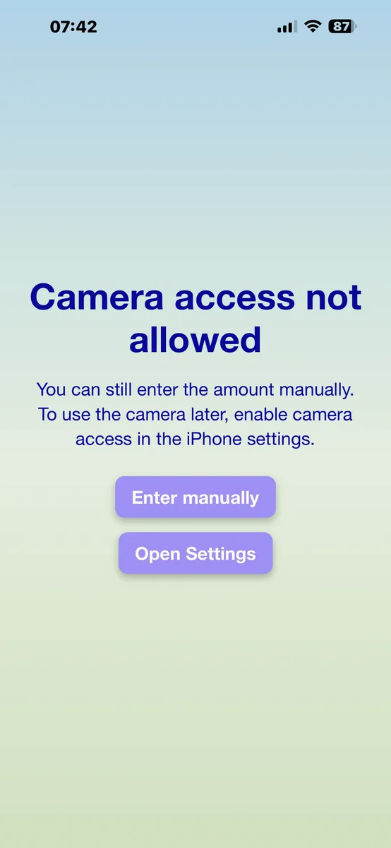 PayByTime notice after denied camera access
