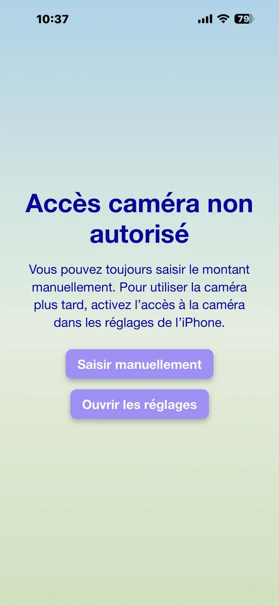 Message PayByTime après refus de l’accès caméra