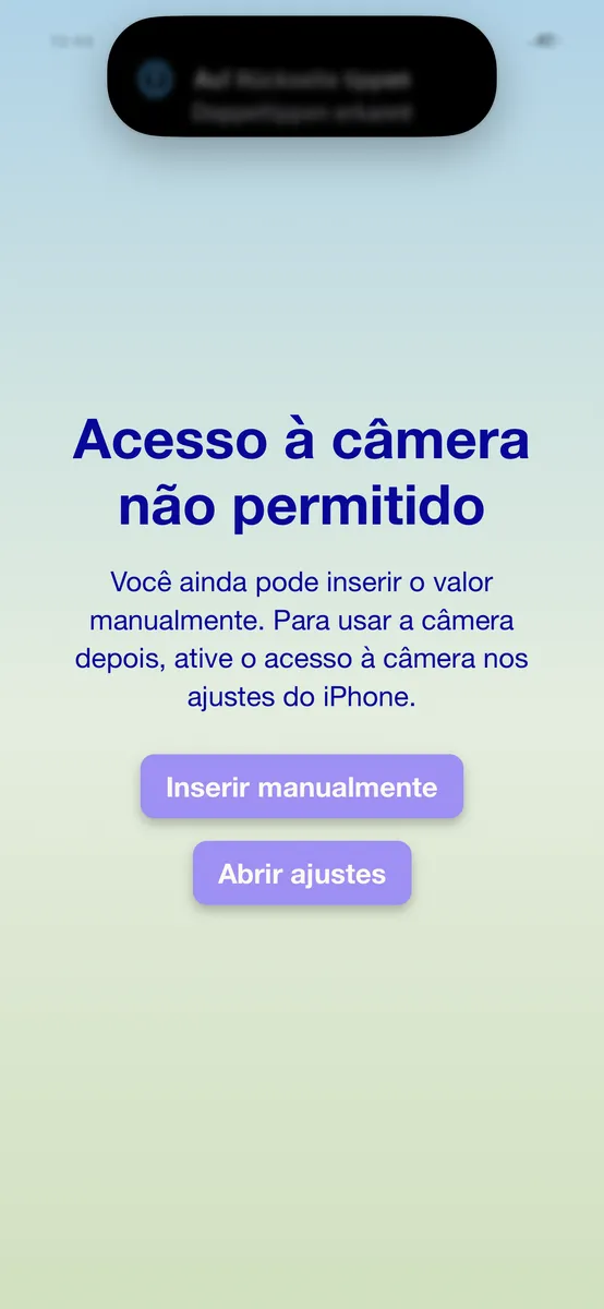 Aviso do PayByTime após negar acesso à câmera